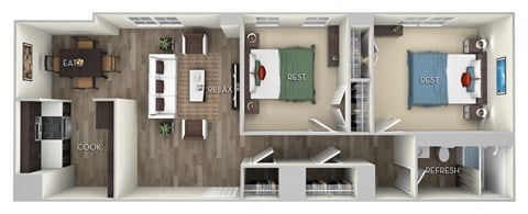 Floor plan for 2 beds, 1 bath, 767 sqft